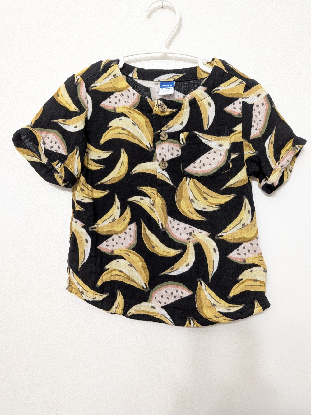 Old Navy Black Short Sleeve Shirt with Banana & Watermelon Print 18-24 M Cotton